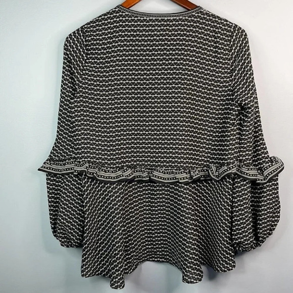 MAX STUDIO NWT Ruffled Tie Neck Balloon Sleeve Blouse Black White Pattern Size S - Picture 6 of 11
